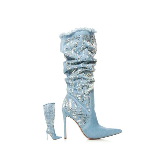 AZALEA WANG CARSYN DISTRESSED DENIM BOOT W/ GEM EMBELLISHMENT NWB US SZ 7 - Picture 4 of 6